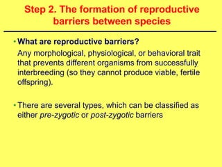 Step 2. The formation of reproductive
         barriers between species
• What are reproductive barriers?
  Any morphological, physiological, or behavioral trait
  that prevents different organisms from successfully
  interbreeding (so they cannot produce viable, fertile
  offspring).

• There are several types, which can be classified as
  either pre-zygotic or post-zygotic barriers
 