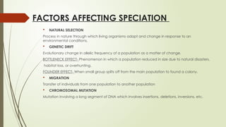 FACTORS AFFECTING SPECIATION
 NATURAL SELECTION
Process in nature through which living organisms adapt and change in response to an
environmental conditions.
 GENETIC DRIFT
Evolutionary change in allelic frequency of a population as a matter of change.
BOTTLENECK EFFECT- Phenomenon in which a population reduced in size due to natural disasters,
habitat loss, or overhunting.
FOUNDER EFFECT- When small group splits off from the main population to found a colony.
 MIGRATION
Transfer of individuals from one population to another population
 CHROMOSOMAL MUTATION
Mutation involving a long segment of DNA which involves insertions, deletions, inversions, etc.
 