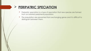  PERIPATRIC SPECIATION
 Peripatric speciation is a type of speciation that new species are formed
from an isolated peripheral population.
 The population are prevented from exchanging genes and it is difficult to
distinguish between them.
 