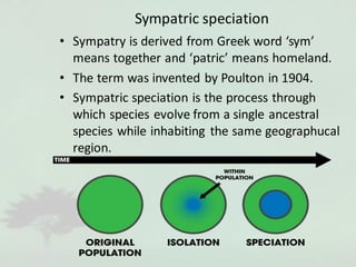 Sympatric speciation
• Sympatry is derived from Greek word ‘sym’
means together and ‘patric’ means homeland.
• The term was invented by Poulton in 1904.
• Sympatric speciation is the process through
which species evolve from a single ancestral
species while inhabiting the same geographucal
region.
 