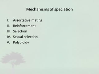 Mechanisms of speciation
I. Assortative mating
II. Reinforcement
III. Selection
IV. Sexual selection
V. Polyploidy
 