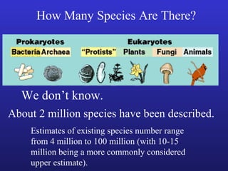 How Many Species Are There?




  We don’t know.
About 2 million species have been described.
    Estimates of existing species number range
    from 4 million to 100 million (with 10-15
    million being a more commonly considered
    upper estimate).
 