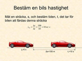 Bestäm en bils hastighet
Mät en sträcka, s, och bestäm tiden, t, det tar för
bilen att färdas denna sträcka
Δs=100 m
sm
t
s
vbil /10
10
100
==
∆
∆
=
t0=0 s
t1=10 s
 