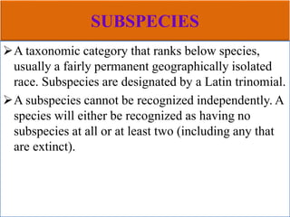 SUBSPECIES
A taxonomic category that ranks below species,
usually a fairly permanent geographically isolated
race. Subspecies are designated by a Latin trinomial.
A subspecies cannot be recognized independently. A
species will either be recognized as having no
subspecies at all or at least two (including any that
are extinct).
 
