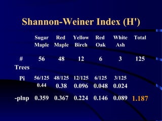 Shannon-Weiner Index (H')
Sugar
Maple
Red
Maple
Yellow
Birch
Red
Oak
White
Ash
Total
#
Trees
56 48 12 6 3 125
Pi 56/125
0.44
48/125
0.38
12/125
0.096
6/125
0.048
3/125
0.024
-plnp 0.359 0.367 0.224 0.146 0.089 1.187
 
