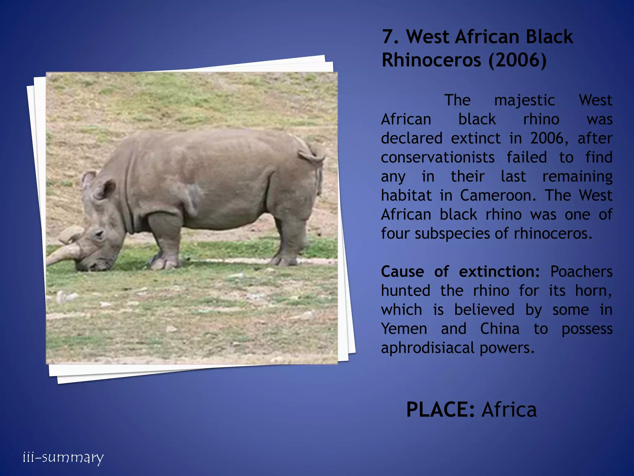 The majestic West
African black rhino was
declared extinct in 2006, after
conservationists failed to find
any in their last remaining
habitat in Cameroon. The West
African black rhino was one of
four subspecies of rhinoceros.
Cause of extinction: Poachers
hunted the rhino for its horn,
which is believed by some in
Yemen and China to possess
aphrodisiacal powers.
7. West African Black
Rhinoceros (2006)
PLACE: Africa
iii-summary
 