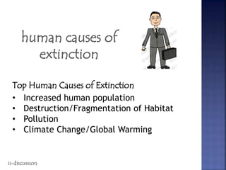 Top Human Causes of Extinction
• Increased human population
• Destruction/Fragmentation of Habitat
• Pollution
• Climate Change/Global Warming
ii-discussion
 