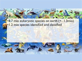 •8.7 mio eukaryotic species on earth (+- 1.3mio)
•1.2 mio species identiﬁed and classiﬁed
 