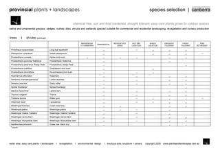provincial plants + landscapes                                                                                                            species selection | canberra

                                                                   chemical free, sun and frost hardened, drought tolerant, easy care plants grown in outdoor spaces
native and ornamental grasses, sedges, rushes, lilies, shrubs and wetlands species suitable for commercial and residential landscaping, revegetation and nursery production


trees                shrubs continued
                                                                          INDIGENOUS                     REVEGETATE        HOT DRY        SHADY          DROUGHT       FROST          FIRE
                                                                                        ORNAMENTAL
                                                                         TO CANBERRA                        USING         LOCATION       LOCATION        TOLERANT     TOLERANT     RETARDANT

 Philotheca myoporoides                 Long-leaf waxflower
 Pittosporum undulatum                  Sweet pittosporum
 Prostanthera cuneata                   Alpine mint bush
 Prostanthera poorinda “Ballerina‟      Prostanthera „Ballerina‟
 Prostanthera lasianthos „Badja Peak‟   Prostanthera „Badja Peak‟
 Prostanthera ovalifolia                Oval-leaved mint bush
 Prostanthera rotundifolia              Round-leaved mint bush
 Rosmarinus officinalis*                Rosemary
 Santolina chamaecyparissus*            Cotton lavender
 Senecio vira-vira*                     Dusty miller
 Spirea thunbergii*                     Spirea thunbergii
 Stachys byzantine*                     Lambs ears
 Thymus vulgaris*                       Thyme
 Tristania laurina                      Water gum
 Vibernum tinus*                        Laurustinus
 Westringia fruticosa                   Coast rosemary
 Westringia glabra                      Westringia glabra
 Westringia „Glabra Cadabra‟            Westringia „Glabra Cadabra‟
 Westringia „Jervis Gem‟                Westringia „Jervis Gem‟
 Westringia „Wynyabbie Gem‟             Westringia „Wynyabbie Gem‟
 Xanthorrhea johnsonii                  Grass tree „black boy‟
 *-exotic




water wise, easy care plants + landscapes       I   revegetation    I   environmental design   I   boutique pots, sculpture + pavers   copyright 2009   www.plantsandlandscapes.com.au
 