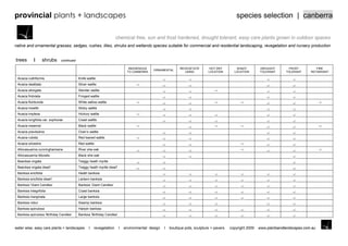 provincial plants + landscapes                                                                                                               species selection | canberra

                                                                    chemical free, sun and frost hardened, drought tolerant, easy care plants grown in outdoor spaces
native and ornamental grasses, sedges, rushes, lilies, shrubs and wetlands species suitable for commercial and residential landscaping, revegetation and nursery production


trees                shrubs   continued

                                                                             INDIGENOUS                     REVEGETATE        HOT DRY        SHADY          DROUGHT       FROST          FIRE
                                                                                           ORNAMENTAL
                                                                            TO CANBERRA                        USING         LOCATION       LOCATION        TOLERANT     TOLERANT     RETARDANT

 Acacia cultriformis                      Knife wattle
 Acacia dealbata                          Silver wattle
 Acacia elongata                          Slender wattle
 Acacia finbriata                         Fringed wattle
 Acacia floribunda                        White sallow wattle
 Acacia howittii                          Sticky wattle
 Acacia implexa                           Hickory wattle
 Acacia longifolia var. sophorae          Coast wattle
 Acacia mearnsii                          Black wattle
 Acacia pravissima                        Oven‟s wattle
 Acacia rubida                            Red leaved wattle
 Acacia silvestris                        Red wattle
 Allocasuarina cunninghamiana             River she-oak
 Allocasuarina littoralis                 Black she-oak
 Baeckea virgata                          Twiggy heath myrtle
 Baeckea virgata dwarf                    Twiggy heath myrtle dwarf
 Banksia ericifolia                       Heath banksia
 Banksia ericifolia dwarf                 Lantern banksia
 Banksia „Giant Candles‟                  Banksia „Giant Candles‟
 Banksia integrifolia                     Coast banksia
 Banksia marginata                        Large banksia
 Banksia robur                            Swamp banksia
 Banksia spinulosa                        Hairpin banksia
 Banksia spinulosa „Birthday Candles‟     Banksia „Birthday Candles‟



water wise, easy care plants + landscapes        I   revegetation      I   environmental design   I   boutique pots, sculpture + pavers   copyright 2009   www.plantsandlandscapes.com.au
 