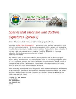 Species that associate with doctrine
signatures (group 2)
It is one of the most methods that is used to determine the properties of plants,
And known as ,doctrine signatures . the basic idea is that the plants looks like tissue, organ
or disease for which it is remedial. So that the doctrine signatures is one of the articles of traditional
herbalist which is most misunderstood by modern researchers. The idea that the shape or the color of
the plant should to reveal it’s properties smacks of, ,magical thinking, or thought by
association. (So that Plants may even communicate with each
other using scent signals)
the Doctrine of Signatures are a process whereby one recognizes and looks for the unique signs of a
flower’s identity. These indications, such as the shape, the colour, it’s habitat, it’s growing habits and so
on, characterize it and express its uniqueness as different to any other flower. For example, there is an
easily recognizable difference between a rose and a sunflower, not only in colour shape texture and
scent, but also in habitat, that is, where they best like to grow.
In the ancient days knowledge was passed on by word of mouth and hence the evolution of the doctrine
as a practical way of remembering the properties of medicinal plants from their habitat, form, flowers
and aspects of the physical structures in a time when books were not available and knowledge was
passed down by word of mouth.
Example suck like Horsetail
Looks like hair,
Has leaves which
look like joints and
bones
 