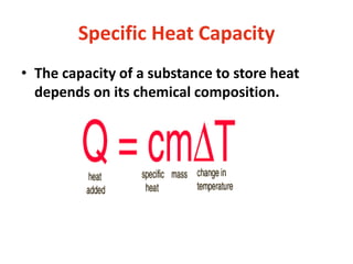 Specific Heat Capacity
• The capacity of a substance to store heat
depends on its chemical composition.
 