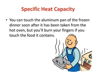 Specific Heat Capacity
• You can touch the aluminum pan of the frozen
dinner soon after it has been taken from the
hot oven, but you’ll burn your fingers if you
touch the food it contains.
 