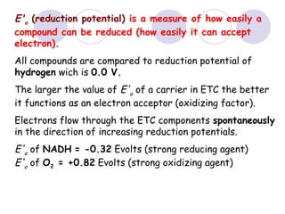 E'o (reduction potential) is a measure of how easily a
compound can be reduced (how easily it can accept
electron).
All compounds are compared to reduction potential of
hydrogen wich is 0.0 V.
The larger the value of E'o of a carrier in ETC the better
it functions as an electron acceptor (oxidizing factor).
Electrons flow through the ETC components spontaneously
in the direction of increasing reduction potentials.

E'o of NADH = -0.32 Evolts (strong reducing agent)
E'o of O2 = +0.82 Evolts (strong oxidizing agent)

 