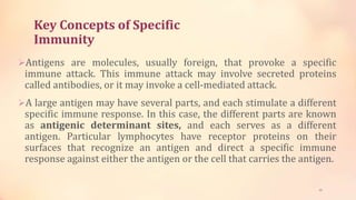 Key Concepts of Specific
Immunity
Antigens are molecules, usually foreign, that provoke a specific
immune attack. This immune attack may involve secreted proteins
called antibodies, or it may invoke a cell-mediated attack.
A large antigen may have several parts, and each stimulate a different
specific immune response. In this case, the different parts are known
as antigenic determinant sites, and each serves as a different
antigen. Particular lymphocytes have receptor proteins on their
surfaces that recognize an antigen and direct a specific immune
response against either the antigen or the cell that carries the antigen.
20
 