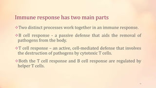 Immune response has two main parts
Two distinct processes work together in an immune response.
B cell response - a passive defense that aids the removal of
pathogens from the body.
T cell response – an active, cell-mediated defense that involves
the destruction of pathogens by cytotoxic T cells.
Both the T cell response and B cell response are regulated by
helper T cells.
26
 