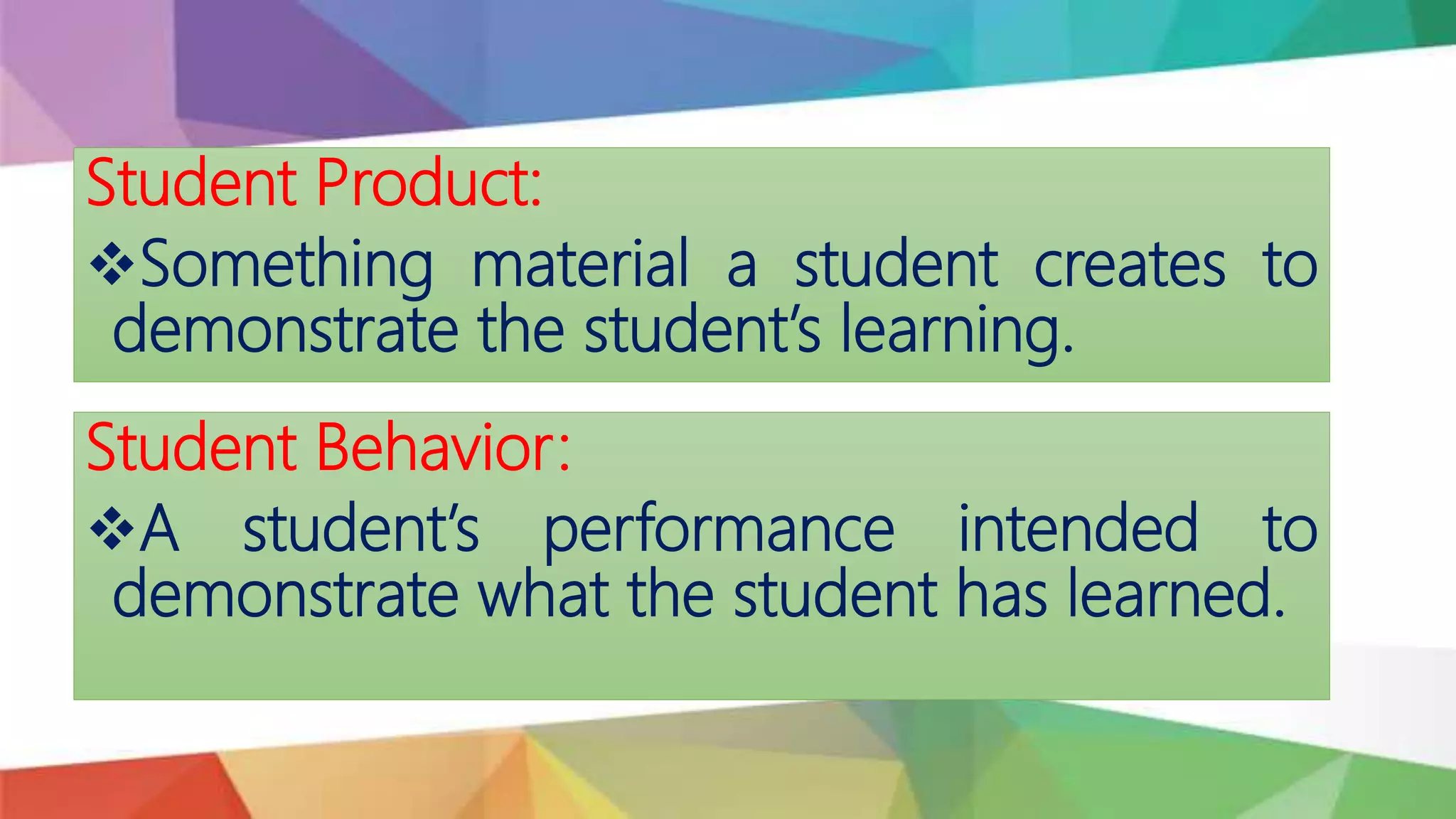 Student Product:
Something material a student creates to
demonstrate the student’s learning.
Student Behavior:
A student’s performance intended to
demonstrate what the student has learned.
 