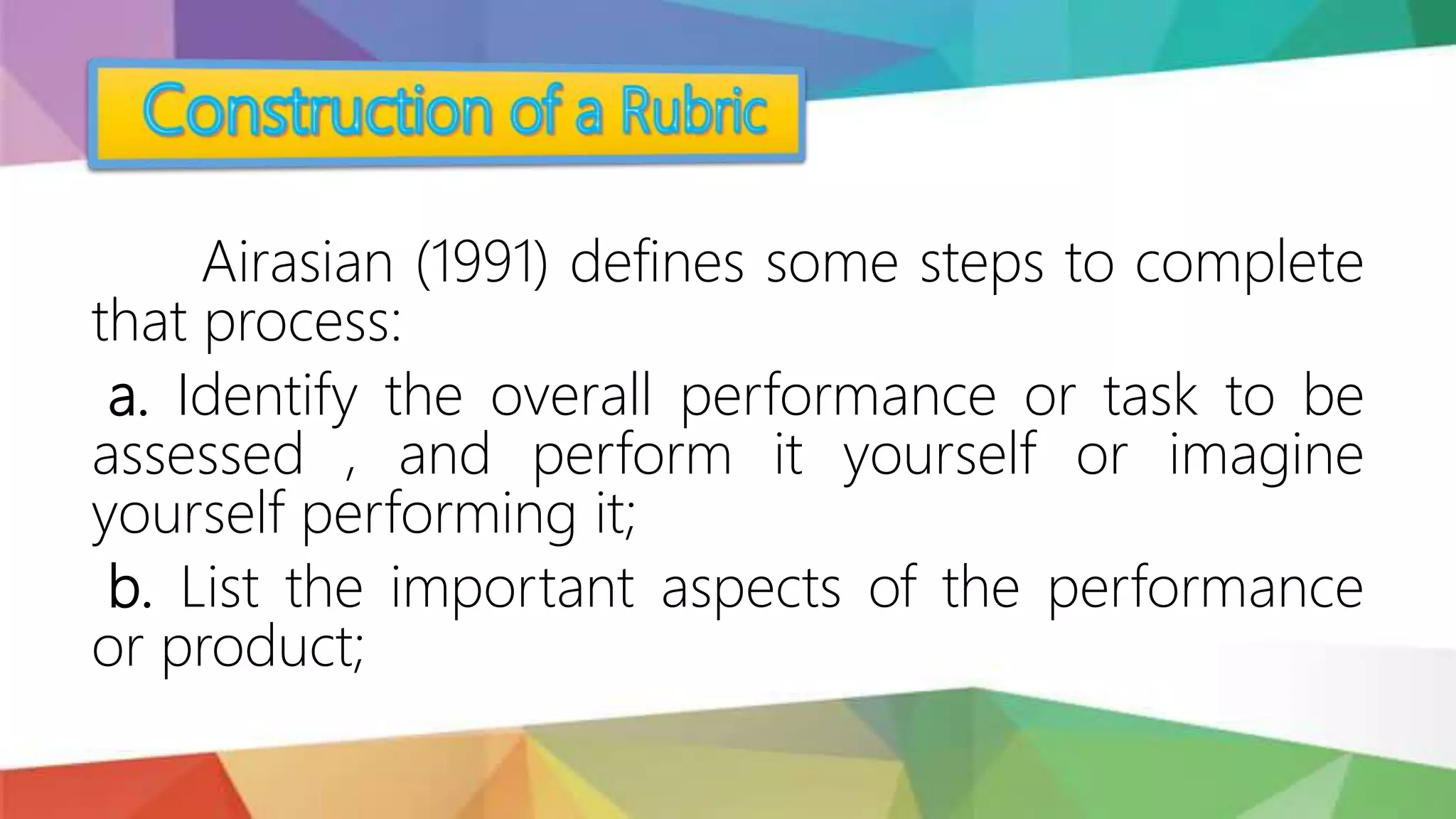 Airasian (1991) defines some steps to complete
that process:
a. Identify the overall performance or task to be
assessed , and perform it yourself or imagine
yourself performing it;
b. List the important aspects of the performance
or product;
 