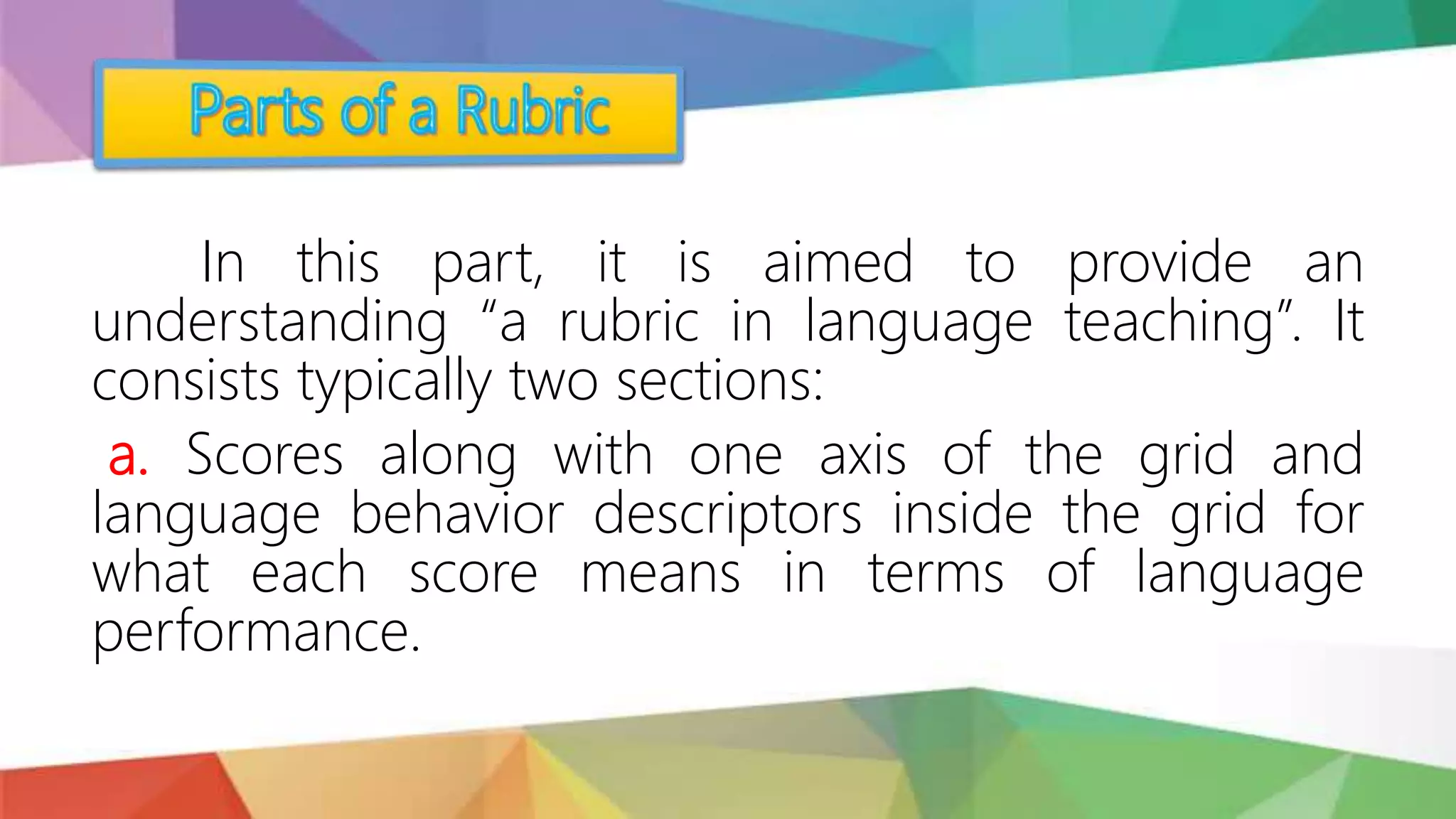 In this part, it is aimed to provide an
understanding “a rubric in language teaching”. It
consists typically two sections:
a. Scores along with one axis of the grid and
language behavior descriptors inside the grid for
what each score means in terms of language
performance.
 