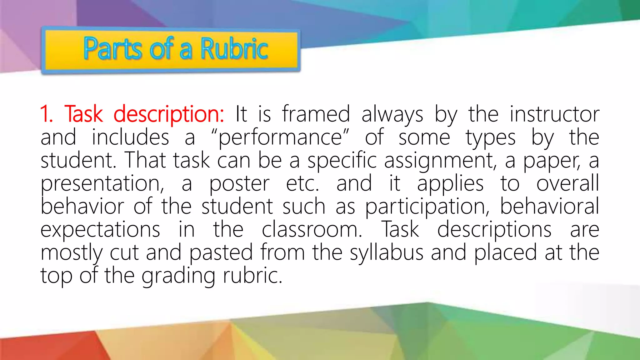 1. Task description: It is framed always by the instructor
and includes a “performance” of some types by the
student. That task can be a specific assignment, a paper, a
presentation, a poster etc. and it applies to overall
behavior of the student such as participation, behavioral
expectations in the classroom. Task descriptions are
mostly cut and pasted from the syllabus and placed at the
top of the grading rubric.
 