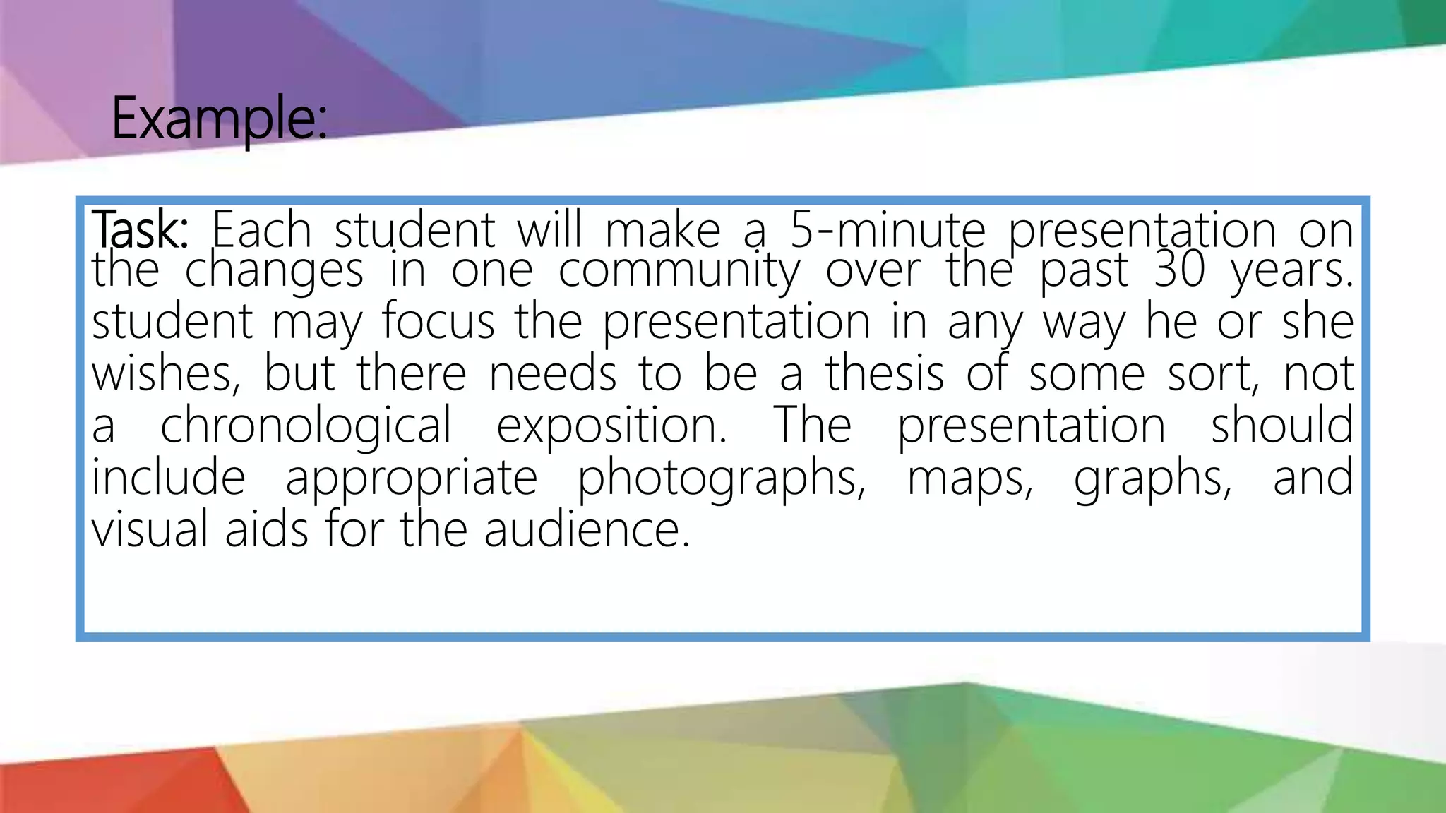 Task: Each student will make a 5-minute presentation on
the changes in one community over the past 30 years.
student may focus the presentation in any way he or she
wishes, but there needs to be a thesis of some sort, not
a chronological exposition. The presentation should
include appropriate photographs, maps, graphs, and
visual aids for the audience.
Example:
 