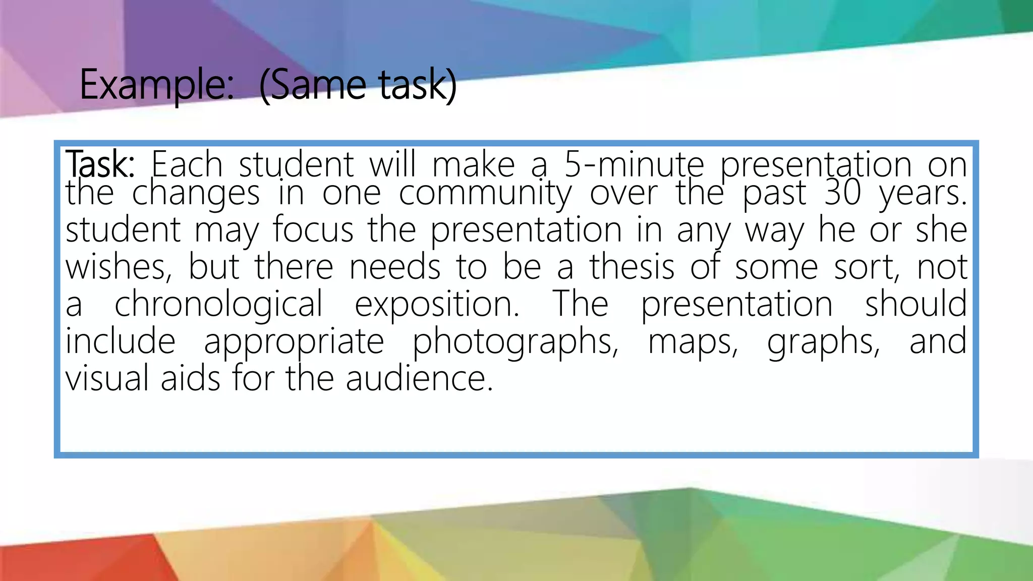 Task: Each student will make a 5-minute presentation on
the changes in one community over the past 30 years.
student may focus the presentation in any way he or she
wishes, but there needs to be a thesis of some sort, not
a chronological exposition. The presentation should
include appropriate photographs, maps, graphs, and
visual aids for the audience.
Example: (Same task)
 