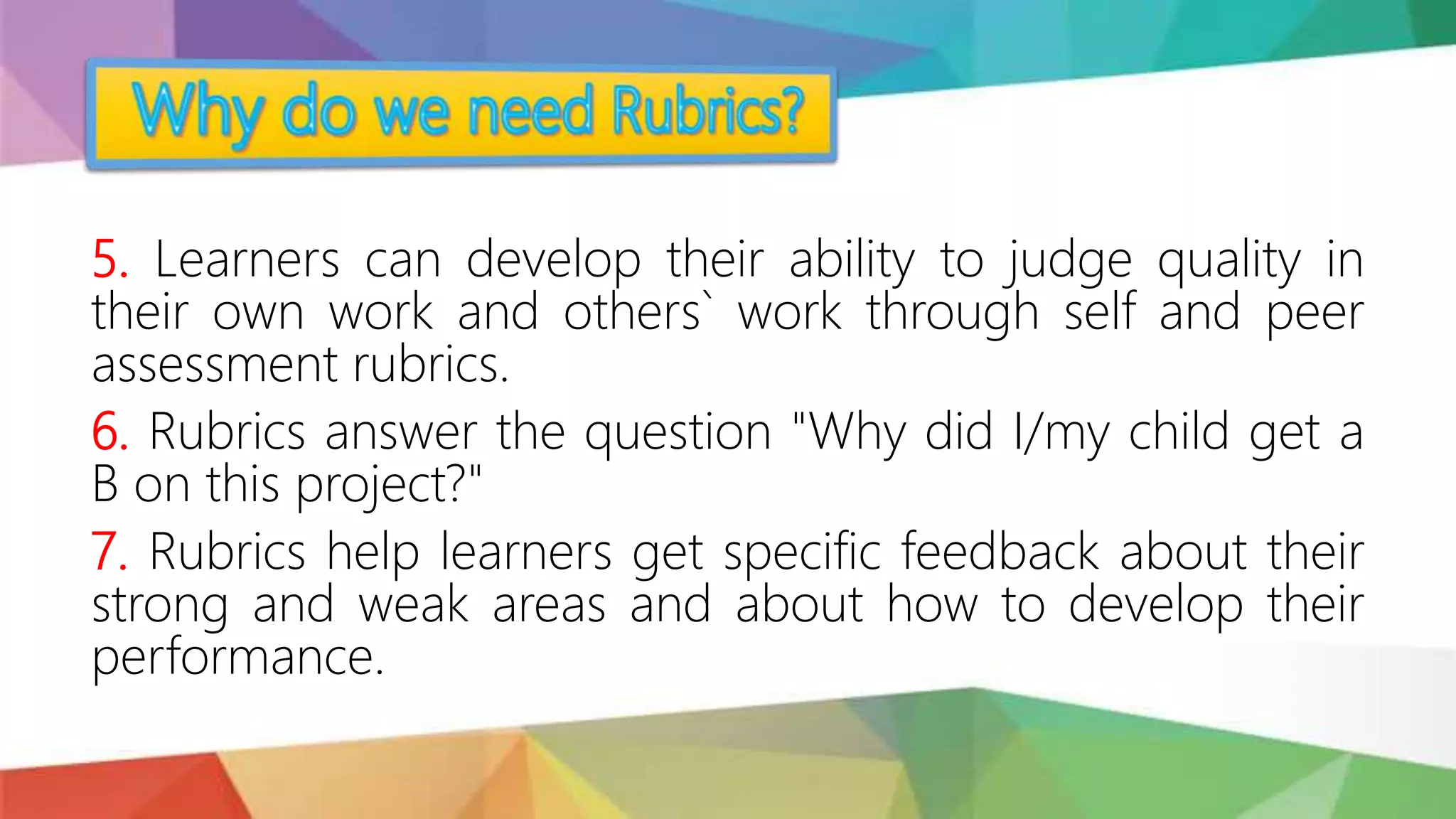 5. Learners can develop their ability to judge quality in
their own work and others` work through self and peer
assessment rubrics.
6. Rubrics answer the question "Why did I/my child get a
B on this project?"
7. Rubrics help learners get specific feedback about their
strong and weak areas and about how to develop their
performance.
 