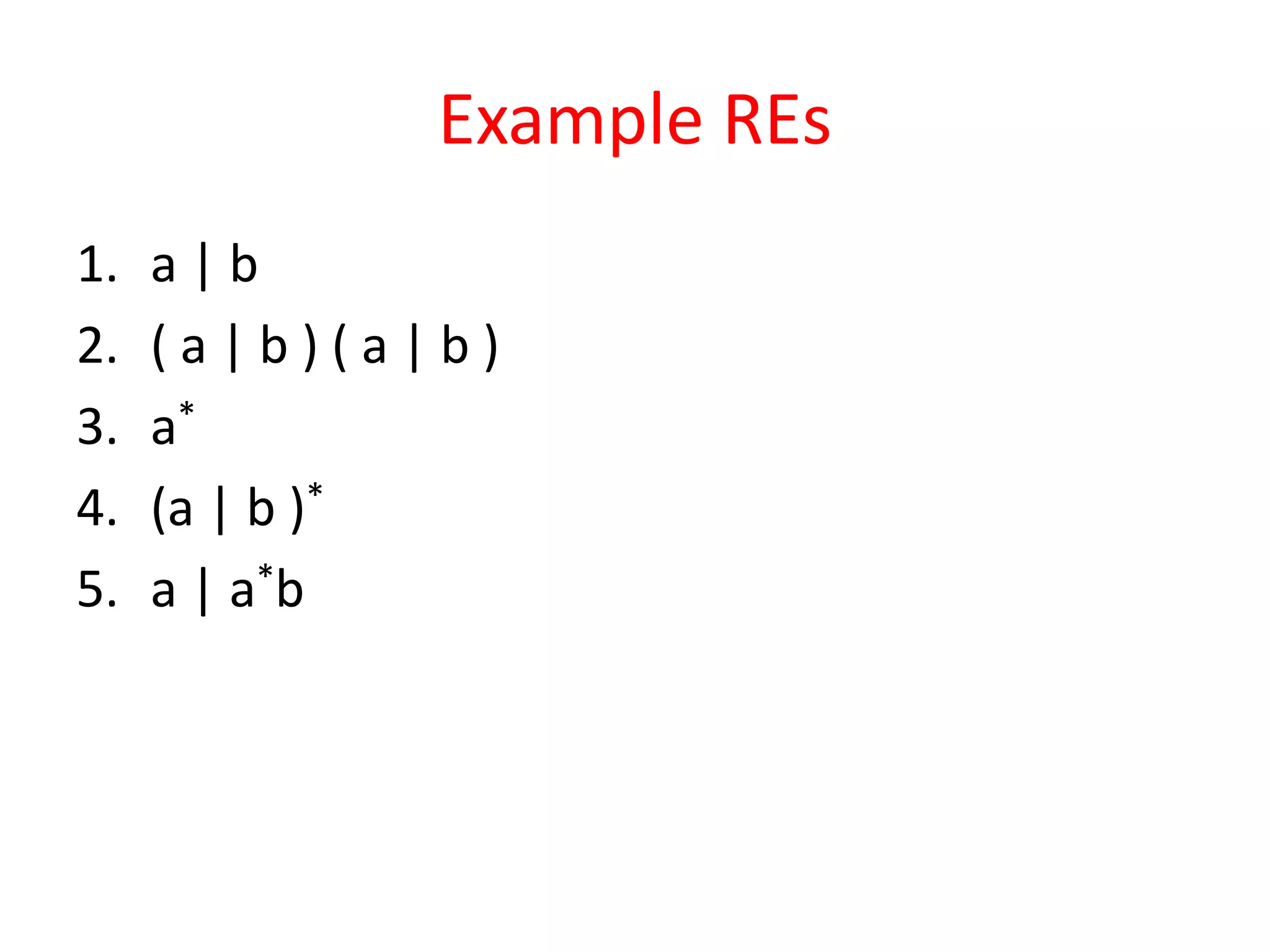 Example REs
1. a | b
2. ( a | b ) ( a | b )
3. a*
4. (a | b )*
5. a | a*b
 