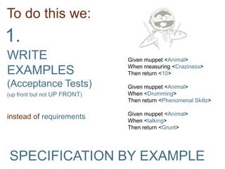To do this we:1.WRITE EXAMPLES (Acceptance Tests)(up front but not UP FRONT)instead of requirementsGiven muppet <Animal> When measuring <Craziness> Then return <10>Given muppet <Animal> When <Drumming> Then return <Phenomenal Skillz>Given muppet <Animal> When <talking> Then return <Grunt>SPECIFICATION BY EXAMPLE