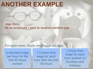 ANOTHER EXAMPLEUser Story: As an employee I want to receive overtime payFor each week, hourly employees are paid:2 times their wage for each hour worked on Sundays and holidaysa standard wage per hour for the first 40 hours worked1.5 times their wage for each hour after the first 40 hours