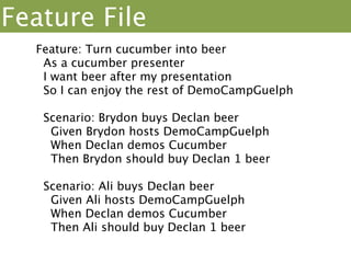 Cucumber Organization
                  fixtures are common




         ad
        Lo


   Features     Step



               System
 