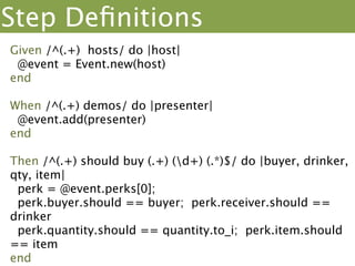 Cucumber Organization
                     fixtures are common




              M
         ad




              at
        Lo




                ch
   Features       Step



               System
 