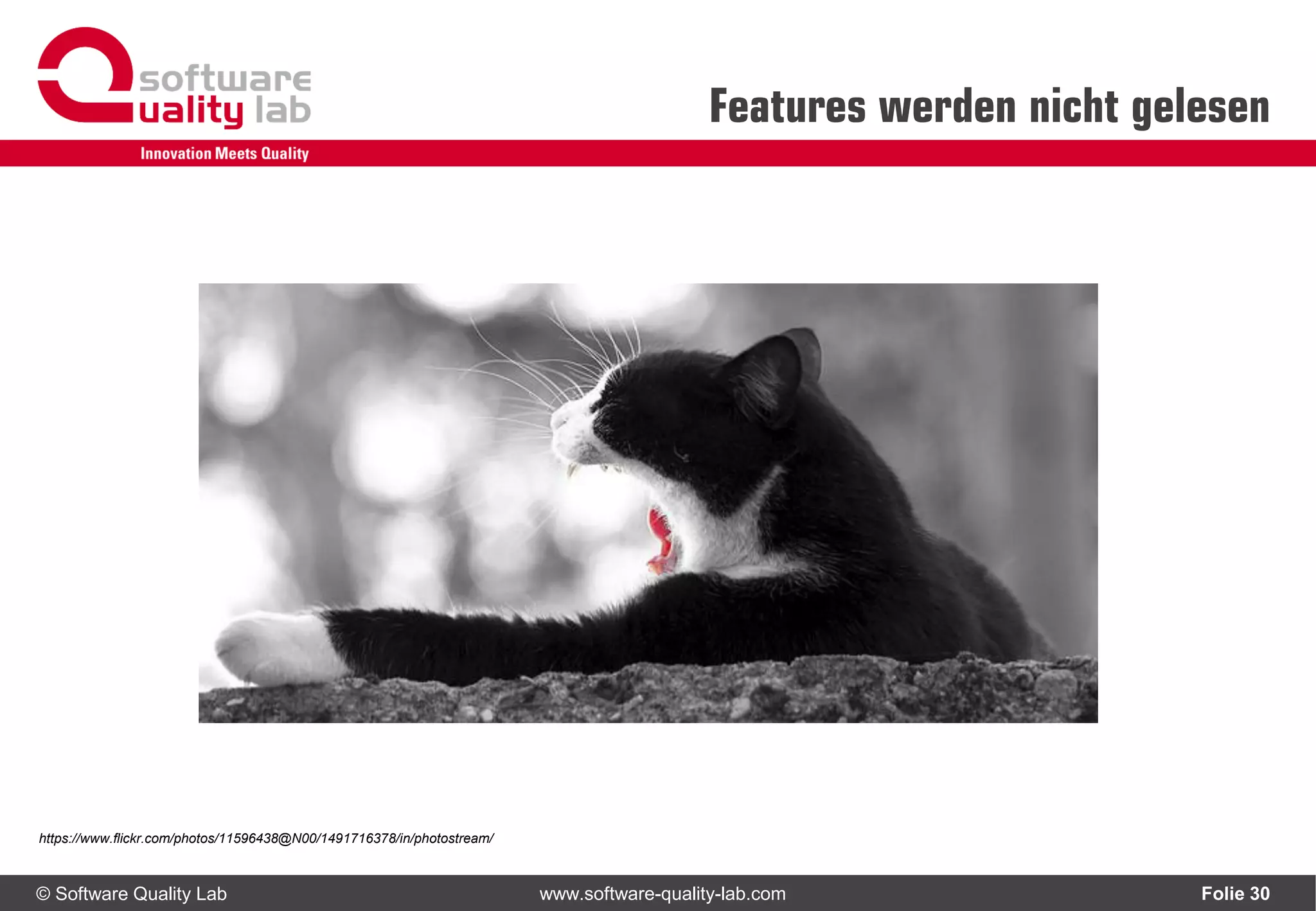 © Software Quality Lab www.software-quality-lab.com
Features werden nicht gelesen
Folie 30
https://www.flickr.com/photos/11596438@N00/1491716378/in/photostream/
 