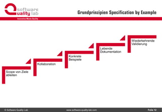 © Software Quality Lab www.software-quality-lab.com
Grundprinzipien Specification by Example
Folie 12
Scope von Ziele
ableiten
Kollaboration
Konkrete
Beispiele
Lebende
Dokumentation
Wiederkehrende
Validierung
 
