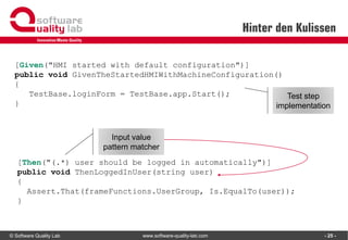 © Software Quality Lab www.software-quality-lab.com
Hinter den Kulissen
- 25 -
[Given("HMI started with default configuration")]
public void GivenTheStartedHMIWithMachineConfiguration()
{
TestBase.loginForm = TestBase.app.Start();
}
[Then("(.*) user should be logged in automatically")]
public void ThenLoggedInUser(string user)
{
Assert.That(frameFunctions.UserGroup, Is.EqualTo(user));
}
Test step
implementation
Input value
pattern matcher
 