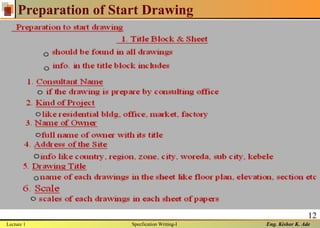 Eng. Kishor K. Ade
12
Preparation of Start Drawing
Lecture 1 Specfication Writing-I
 
