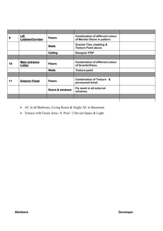 Allottee/s Developer
9
Lift
Lobbies/Corridor
Floors
Combination of different colour
of Marble/ Stone in pattern
Walls
Granite Tiles cladding &
Texture Paint above
Ceiling Designer POP
10
Main entrance
Lobby
Floors
Combination of different colour
of Granite/Glass.
Walls Texture paint
11 Exterior Finish Floors
Combination of Texture &
permanent finish
Doors & windows
Fly mesh in all external
windows.
 AC in all Bedroom, Living Room & Single AC in Basement.
 Terrace with Green Area / S. Pool / 2 Set out Space & Light.
 