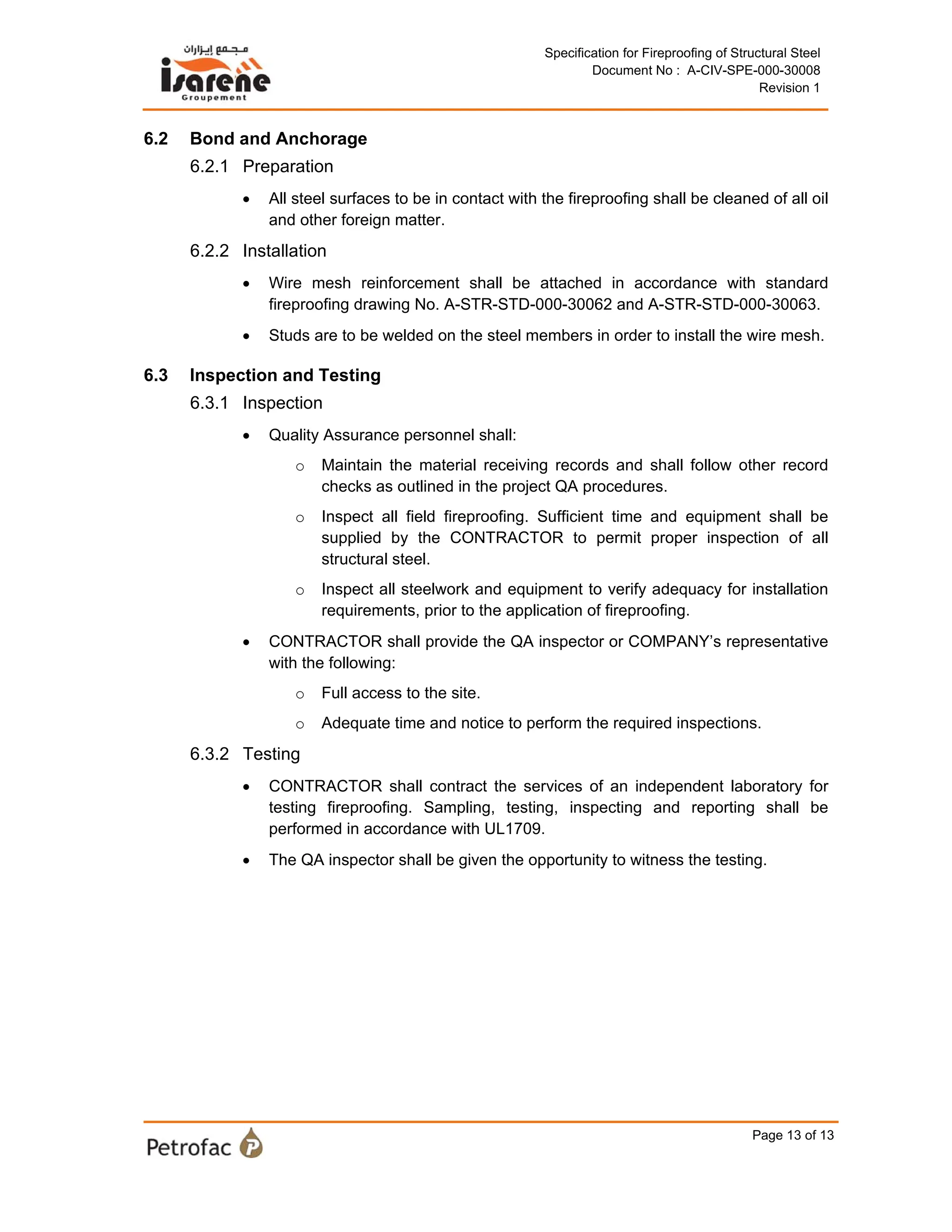 Specification for Fireproofing of Structural Steel A-CIV-SPE-000-30008 ...