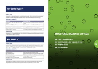 RIW CEMENTJOINT
42 l Specification Guide for RIW Waterproofing Systems
TYPICAL USES
Repel AC is used to provide protection against carbonation and water ingress, without trapping moisture in damp
substrates. The product also resists the growth of mould and fungi, making it an ideal low-maintenance protective
coating. Repel AC is registered under the CE Marking Scheme, in compliance with EN1504.
FEATURES & BENEFITS
FEATURES WHY THIS MATTERS
Breathable coating Allows damp substrates to breathe & dry out
Anti-carbonation coating Protects reinforced concrete structures from carbon dioxide
Elastomeric properties To facilitate movement in substrate & bridge hairline cracks
Contains an active fungicide Inhibits the growth of mould and lichen
Available in a range of attractive shades Versatile decorative coating
APPLICATION
Repel AC should be applied onto a primed surface in two coats at a minimum application rate of 5m2/
litre/coat.
Repel AC Primer should be applied to all surfaces as required, prior to application of the main coating.
RIW REPEL AC
TYPICAL USES
Cementjoint is an advanced, elastomeric, tear resistant waterproof tape. Used in conjunction with Cementseal and
Cementflex to provide a highly durable and flexible seal over live cracks and expansion/construction joints.
FEATURES & BENEFITS
FEATURES WHY THIS MATTERS
Impermeable to water under 100m head of water
pressure
Can be used in below ground applications with cement based
coatings
Highly flexible, 600% elongation Will accommodate structural, thermal & differential
movement
Suitable for use over construction & expansion
joints
Will bridge & isolate movement within the substrate
Good UV & weather resistance Can be used in locations that are exposed to the elements
APPLICATION
Cementjoint is to be embedded between two 1mm thick layers of Cementseal or Cementflex, extending a minimum
of 20mm beyond the edges of the product. STRUCTURAL DRAINAGE SYSTEMS
RIW CAVITY DRAIN R20 & R7
RIW SUMP, PUMPS & RIW AQUA CHANNEL
RIW PLASTER DRAIN
RIW DOUBLE DRAIN
 