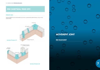 54 l Specification Guide for RIW Waterproofing Systems
RIW SHEETSEAL 9000 DPC
SPECIFIC USES
Sheetseal 9000 DPC can be used throughout the structure, including heavily loaded situations, such as in multi
storey buildings.
Ancillary Products (1)
Ancillary Products (2)
Corner Unit
Joint Support
Change of level unit
Stop end
(full height)
Non standard accessories
to order as required
Corner Unit
MOVEMENT JOINT
RIW MULTIJOINT
 