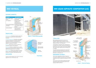 TYPICAL USES
When designing Type A (barrier) protection as
classified in BS8102:2009, the product correctly
applied is capable of providing the levels of protection
required for Grade 1, 2 & 3 basements.
Liquid Asphaltic Composition (LAC) is typically used
for tanking, and to provide a damp proof membrane to
ground floors and as a vapour barrier behind cladding.
LAC is often used on superstructures vertically, prior
to cladding.
The product may also be applied to the internal face
of external walls above ground level to prevent the
penetration of moisture. The membrane can then be
plastered or covered when dry.
INDEPENDENT AUTHORITY
LAC has been awarded British Board of Agrément
Certificate No. 89/2278, covering its use for the tanking
of basements and as a damp proof membrane for solid
floors.
Tests carried out by the National Radiological Board
show that the product will provide a barrier to the
passage of Radon by diffusion.
Specification Guide for RIW Waterproofing Systems l 15
RIW LIQUID ASPHALTIC COMPOSITION (LAC)RIW HEVISEAL
14 l Specification Guide for RIW Waterproofing Systems
FEATURES & BENEFITS
FEATURES WHY THIS MATTERS
Water & water vapour
barrier
Creates a totally dry
environment
U.V. resistance Exposure to direct
sunlight is not
detrimental to the
coating performance
Easily applied to difficult
substrates
Simplifies the installation
over irregular substrate
profiles
Easily maintained Can be over coated
easily, reducing
maintenance costs
SPECIFIC USES
Superstructures: the product should be coated onto
all surfaces as required, where waterproofing is
necessary.
Flat roof refurbishment: the product can be applied
to a new or existing roof, to provide a temporary
waterproof membrane or to prolong the life
expectancy of an existing membrane, eg. mastic
asphalt or roofing felts. See Detail 1.
Planters: waterproofing should be carried out as
illustrated in Detail 2 of this literature.
Pond lining: Heviseal is suitable for use as a pond
lining and will not harm pond life. Please consult the
RIW Technical Department for more details.
Gutter repairs: Heviseal may be applied to existing
gutters, constructed of galvanised steel, concrete
sections etc, to provide a new waterproof lining.
APPLICATION
Heviseal should be applied in two coats at a minimum
application rate of 1.5m2
/litre per coat.
Detail 2 - Planter/Retaining Wall
Detail 1 - External Tanking
Pond Detail
Heviseal
(Two Coats)
Bitumen coated
glass fibre fabric
Additional coat
of Heviseal
over fabric
Waterstop
(Optional)
Sheetseal 9000
DPC / Cavity tray
Protection Board
(Optional)
Sheetseal 226 Fillet
Cementfill
HB Fillet
LAC continued
up to DPC /
Cavity tray level
Reinforcing
strip of Sheetseal
226 x 300 wide
Sub-soil
drainage
as required
Double Drain
LAC two
coats
Top edging
strip
Reinforcing
strip of
Sheetseal 226
x 300 wide
DPC
Sheetseal 226
Provide
protection as
necessary
Sheetseal
9000 DPC
if required
Heviseal
(two coats)
Cementfill HB
 