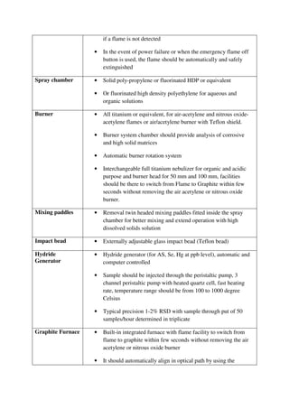 if a flame is not detected
• In the event of power failure or when the emergency flame off
button is used, the flame should be automatically and safely
extinguished
Spray chamber • Solid poly-propylene or fluorinated HDP or equivalent
• Or fluorinated high density polyethylene for aqueous and
organic solutions
Burner • All titanium or equivalent, for air-acetylene and nitrous oxide-
acetylene flames or air/acetylene burner with Teflon shield.
• Burner system chamber should provide analysis of corrosive
and high solid matrices
• Automatic burner rotation system
• Interchangeable full titanium nebulizer for organic and acidic
purpose and burner head for 50 mm and 100 mm, facilities
should be there to switch from Flame to Graphite within few
seconds without removing the air acetylene or nitrous oxide
burner.
Mixing paddles • Removal twin headed mixing paddles fitted inside the spray
chamber for better mixing and extend operation with high
dissolved solids solution
Impact bead • Externally adjustable glass impact bead (Teflon bead)
Hydride
Generator
• Hydride generator (for AS, Se, Hg at ppb level), automatic and
computer controlled
• Sample should be injected through the peristaltic pump, 3
channel peristaltic pump with heated quartz cell, fast heating
rate, temperature range should be from 100 to 1000 degree
Celsius
• Typical precision 1-2% RSD with sample through put of 50
samples/hour determined in triplicate
Graphite Furnace • Built-in integrated furnace with flame facility to switch from
flame to graphite within few seconds without removing the air
acetylene or nitrous oxide burner
• It should automatically align in optical path by using the
 