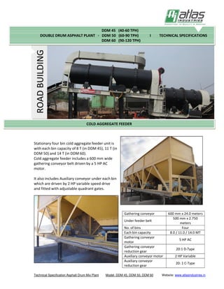 Technical Specification Asphalt Drum Mix Plant Model: DDM 45, DDM 50, DDM 60 Website: www.atlasindustries.in
Stationary four bin cold aggregate feeder unit is
with each bin capacity of 8 T (in DDM 45), 11 T (in
DDM 50) and 14 T (in DDM 60).
Cold aggregate feeder includes a 600 mm wide
gathering conveyor belt driven by a 5 HP AC
motor.
It also includes Auxiliary conveyor under each bin
which are driven by 2 HP variable speed drive
and fitted with adjustable quadrant gates.
Gathering conveyor 600 mm x 24.0 meters
Under feeder belt
500 mm x 2.750
meters
No. of bins Four
Each bin capacity 8.0 / 11.0 / 14.0 MT
Gathering conveyor
motor
5 HP AC
Gathering conveyor
reduction gear
20:1 D-Type
Auxiliary conveyor motor 2 HP Variable
Auxiliary conveyor
reduction gear
20: 1 C-Type
ROADBUILDING
COLD AGGREGATE FEEDER
DDM 45 (40-60 TPH)
DOUBLE DRUM ASPHALT PLANT - DDM 50 (60-90 TPH) I TECHNICAL SPECIFICATIONS
DDM 60 (90-120 TPH)
 