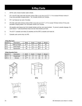74 
X-Ray Carts 
1. All film carts include hooded caster wheels. 
2. XT-1 and XT-2 film carts hold 18 linear inches of film in any size up to 211/2” x 14 or accept 24 linear inches of 
X-ray size pendaflex hanging folders. Ten movable dividers are included. 
3. XT-1 cart features two sets of handles. 
4. XT-3 film carts hold 12 linear inches of film in any size up to 213/4” x 14” or accept 18 linear inches of X-ray size 
pendaflex hanging folders. Six removable dividers are included. 
5. All cassette carts feature two front straight wheels and two rear swivel wheels. To prevent cassette slippage, the 
carts feature 1” wide Scotchtread strips and two fixed dividers per level. 
6. The XCT-1 cassette cart holds 32 cassettes and the XRT-2 cassette cart holds 64. 
7. Cassette carts cannot ship via UPS. 
X-Ray Film Carts 
Model # Description Width Depth Height Weight 
XT-1 Walk-up height 321/2 211/4 401/2 50 
XT-2 Desk height 29 211/4 281/2 37 
XT-3 Spacesaver 26 171/4 281/2 33 
X-Ray Cassette Carts 
Model # Description Width Depth Height Weight 
XCT-1 Single level 321/2 17 42 50 
XRT-2 Bi-level 321/2 17 50 57 
XT-1 XT-2 XT-3 
XCT-1 XRT-2 
All dimensions are shown in inches 
 