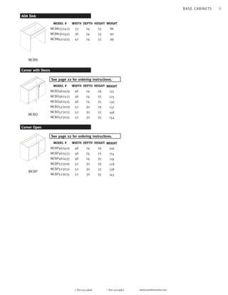 9 
See page 22 for ordering instructions. 
See page 22 for ordering instructions. 
p 800.503.9966 f 800.503.9963 www.hamiltonsorter.com 
ADA Sink 
MCBN 
MODEL # 
MCBN332433 
MCBN362433 
MCBN422433 
WEIGHT 
86 
90 
99 
HEIGHT 
33 
33 
33 
DEPTH 
24 
24 
24 
WIDTH 
33 
36 
42 
HEIGHT 
29 
33 
35 
29 
33 
35 
WEIGHT 
115 
125 
130 
137 
148 
154 
Corner with Doors 
MCBO 
MODEL # 
MCBO462429 
MCBO462433 
MCBO462435 
MCBO523029 
MCBO523033 
MCBO523035 
DEPTH 
24 
24 
24 
30 
30 
30 
WIDTH 
46 
46 
46 
52 
52 
52 
HEIGHT 
29 
33 
35 
29 
33 
35 
WEIGHT 
106 
114 
119 
128 
138 
143 
Corner Open 
MCBP 
MODEL # 
MCBP462429 
MCBP462433 
MCBP462435 
MCBP523029 
MCBP523033 
MCBP523035 
DEPTH 
24 
24 
24 
30 
30 
30 
WIDTH 
46 
46 
46 
52 
52 
52 
BASE CABINETS 
 