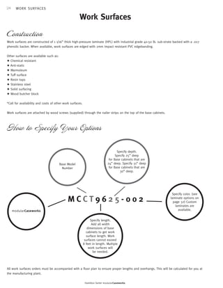 24 
WO R K S U R F A C E S 
Construction 
Work Surfaces 
Work surfaces are constructed of 1 1/16” thick high-pressure laminate (HPL) with industrial grade 40-50 lb. sub-strate backed with a .027 
phenolic backer. When available, work surfaces are edged with 2mm impact resistant PVC edgebanding. 
How to Specify Your Options 
Hamilton Sorter modularCaseworks 
Other surfaces are available such as: 
✦ Chemical resistant 
✦ Anti-static 
✦ Marmoleum 
✦ Tuff surface 
✦ Resin tops 
✦ Stainless steel 
✦ Solid surfacing 
✦ Wood butcher block 
*Call for availability and costs of other work surfaces. 
Work surfaces are attached by wood screws (supplied) through the nailer strips on the top of the base cabinets. 
M C C T 9 6 2 5 - 0 0 2 
Specify color. (see 
laminate options on 
page 32) Custom 
laminates are 
available. 
Specify length. 
Add all width 
dimensions of base 
cabinets to get work 
surface length. Work 
surfaces cannot exceed 
8 feet in length. Multiple 
work surfaces will 
be needed. 
Base Model 
Number 
Specify depth. 
Specify 25” deep 
for Base cabinets that are 
24” deep. Specify 31” deep 
for Base cabinets that are 
30” deep. 
mod ul a rCas e w o rks 
All work surfaces orders must be accompanied with a floor plan to ensure proper lengths and overhangs. This will be calculated for you at 
the manufacturing plant. 
 