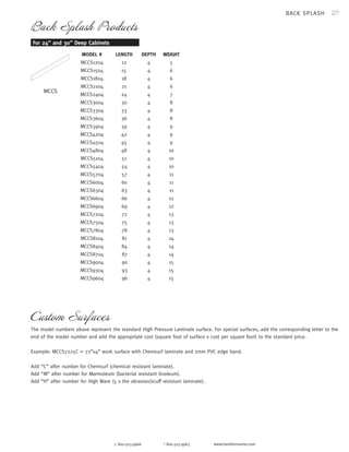27 
Back Splash Products 
p 800.503.9966 f 800.503.9963 www.hamiltonsorter.com 
BACK SPLASH 
For 24” and 30” Deep Cabinets 
MCCS 
MODEL # 
MCCS1204 
MCCS1504 
MCCS1804 
MCCS2104 
MCCS2404 
MCCS3004 
MCCS3304 
MCCS3604 
MCCS3904 
MCCS4204 
MCCS4504 
MCCS4804 
MCCS5104 
MCCS5404 
MCCS5704 
MCCS6004 
MCCS6304 
MCCS6604 
MCCS6904 
MCCS7204 
MCCS7504 
MCCS7804 
MCCS8104 
MCCS8404 
MCCS8704 
MCCS9004 
MCCS9304 
MCCS9604 
WEIGHT 
5 
6 
6 
6 
7 
8 
8 
8 
9 
9 
9 
10 
10 
10 
11 
11 
11 
12 
12 
13 
13 
13 
14 
14 
14 
15 
15 
15 
DEPTH 
4 
4 
4 
4 
4 
4 
4 
4 
4 
4 
4 
4 
4 
4 
4 
4 
4 
4 
4 
4 
4 
4 
4 
4 
4 
4 
4 
4 
LENGTH 
12 
15 
18 
21 
24 
30 
33 
36 
39 
42 
45 
48 
51 
54 
57 
60 
63 
66 
69 
72 
75 
78 
81 
84 
87 
90 
93 
96 
Custom Surfaces 
The model numbers above represent the standard HIgh Pressure Laminate surface. For special surfaces, add the corresponding letter to the 
end of the model number and add the appropriate cost (square foot of surface x cost per square foot) to the standard price. 
Example: MCCS7225C = 72”x4” work surface with Chemsurf laminate and 2mm PVC edge band. 
Add “C” after number for Chemsurf (chemical resistant laminate). 
Add “M” after number for Marmoleum (bacterial resistant linoleum). 
Add “H” after number for High Ware (5 x the abrasion/scuff resistant laminate). 
 