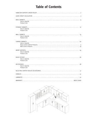 Table of Contents 
HAMILTON SORTER’S GREEN POLICY . . . . . . . . . . . . . . . . . . . . . . . . . . . . . . . . . . . . . . . . . . . . . . . . . . . . . . 2 
LEEDS CREDIT CALCULATION . . . . . . . . . . . . . . . . . . . . . . . . . . . . . . . . . . . . . . . . . . . . . . . . . . . . . . . . . . . 3 
BASE CABINETS . . . . . . . . . . . . . . . . . . . . . . . . . . . . . . . . . . . . . . . . . . . . . . . . . . . . . . . . . . . . 4 
How to Specify 
Product Line 
STORAGE CABINETS . . . . . . . . . . . . . . . . . . . . . . . . . . . . . . . . . . . . . . . . . . . . . . . . . . . . . . . . . 12 
How to Specify 
Product Line 
WALL CABINETS . . . . . . . . . . . . . . . . . . . . . . . . . . . . . . . . . . . . . . . . . . . . . . . . . . . . . . . . . . . 15 
How to Specify 
Product Line 
CORNER CABINETS . . . . . . . . . . . . . . . . . . . . . . . . . . . . . . . . . . . . . . . . . . . . . . . . . . . . . . . . . . 20 
How to Specify 
Base Corner Cabinet Products . . . . . . . . . . . . . . . . . . . . . . . . . . . . . . . . . . . . . . . . . . . . . . . . . . . . 9 
Wall Corner Products . . . . . . . . . . . . . . . . . . . . . . . . . . . . . . . . . . . . . . . . . . . . . . . . . . . . . . . . . . 19 
WORK SURFACES. . . . . . . . . . . . . . . . . . . . . . . . . . . . . . . . . . . . . . . . . . . . . . . . . . . . . . . . . . . 24 
How to Specify 
Product Line 
BLACK SPLASH . . . . . . . . . . . . . . . . . . . . . . . . . . . . . . . . . . . . . . . . . . . . . . . . . . . . . . . . . . . . 26 
How to Specify 
Product Line 
ACCESSORIES . . . . . . . . . . . . . . . . . . . . . . . . . . . . . . . . . . . . . . . . . . . . . . . . . . . . . . . . . . . . . 28 
How to Specify 
Product Line 
SELECTING SORTER SHELVES ACCESSORIES . . . . . . . . . . . . . . . . . . . . . . . . . . . . . . . . . . . . . . . . . . . . . . . . 31 
HANDLES . . . . . . . . . . . . . . . . . . . . . . . . . . . . . . . . . . . . . . . . . . . . . . . . . . . . . . . . . . . . . . . . . . . . . . . . 32 
LAMINATES . . . . . . . . . . . . . . . . . . . . . . . . . . . . . . . . . . . . . . . . . . . . . . . . . . . . . . . . . . . . . . . . . . . . . . 32 
WARRANTY . . . . . . . . . . . . . . . . . . . . . . . . . . . . . . . . . . . . . . . . . . . . . . . . . . . . . . . . . . . . . . . . BACK COVER 
 