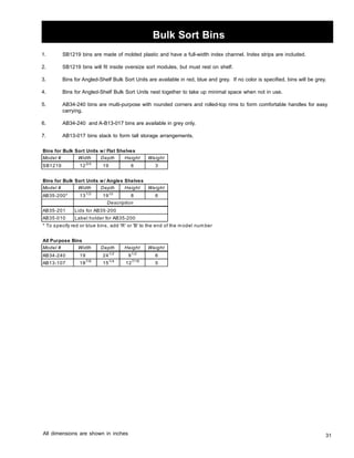 31 
Bulk Sort Bins 
1. SB1219 bins are made of molded plastic and have a full-width index channel. Index strips are included. 
2. SB1219 bins will fit inside oversize sort modules, but must rest on shelf. 
3. Bins for Angled-Shelf Bulk Sort Units are available in red, blue and grey. If no color is specified, bins will be grey. 
4. Bins for Angled-Shelf Bulk Sort Units nest together to take up minimal space when not in use. 
5. AB34-240 bins are multi-purpose with rounded corners and rolled-top rims to form comfortable handles for easy 
carrying. 
6. AB34-240 and A-B13-017 bins are available in grey only. 
7. AB13-017 bins stack to form tall storage arrangements. 
Bins for Bulk Sort Units w/ Flat Shelves 
Model # Width Depth Height Weight 
SB1219 123/4 19 6 3 
Bins for Bulk Sort Units w/ Angles Shelves 
Model # Width Depth Height Weight 
AB35-200* 131/2 191/2 8 6 
AB35-201 
AB35-010 
Description 
Lids for AB35-200 
Label holder for AB35-200 
* To specify red or blue bins, add 'R' or 'B' to the end of the model number 
All Purpose Bins 
Model # Width Depth Height Weight 
AB34- 240 19 241/2 91/2 6 
AB13-107 187/8 151/4 127/16 5 
All dimensions are shown in inches 
 