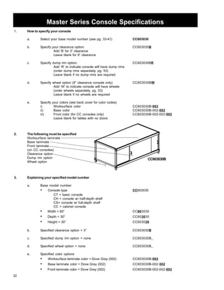 Master Series Console Specifications 
1. How to specify your console 
32 
a. Select your base model number (see pg. 33-41) CC603030 
b. Specify your clearance option: CC603030B 
Add ‘B’ for 3” clearance 
Leave blank for 9” clearance 
c. Specify dump rim option; CC603030BR 
Add ‘R’ to indicate console will have dump rims 
(order dump rims separately, pg. 53) 
Leave blank if no dump rims are required 
d. Specify wheel option (9” clearance console only) CC603030BW 
Add ‘W’ to indicate console will have wheels 
(order wheels separately, pg. 53) 
Leave blank if no wheels are required 
e. Specify your colors (see back cover for color codes) 
i) Worksurface color CC603030B-002 
ii) Base color CC603030B-002-002 
iii) Front color (for CC consoles only) CC603030B-002-002-002 
Leave blank for tables with no doors 
2. The following must be specified 
Worksurface laminate 
Base laminate 
Front laminate 
(on CC consoles) 
Clearance option 
Dump rim option 
Wheel option 
3. Explaining your specified model number 
a. Base model number 
CC603030B 
• Console type CC603030 
CT = basic console 
CH = console w/ half-depth shelf 
CS= console w/ full-depth shelf 
CC = cabinet console 
• Width = 60” CC603030 
• Depth = 30” CC603030 
• Height = 30” CC603030 
b. Specified clearance option = 3” CC603030B 
c. Specified dump rim option = none CC603030B_ 
d. Specified wheel option = none CC603030B_ 
e. Specified color options 
• Worksurface laminate color = Dove Grey (002) CC603030B-002 
• Base laminate color = Dove Grey (002) CC603030B-002-002 
• Front laminate color = Dove Grey (002) CC603030B-002-002-002 
 
